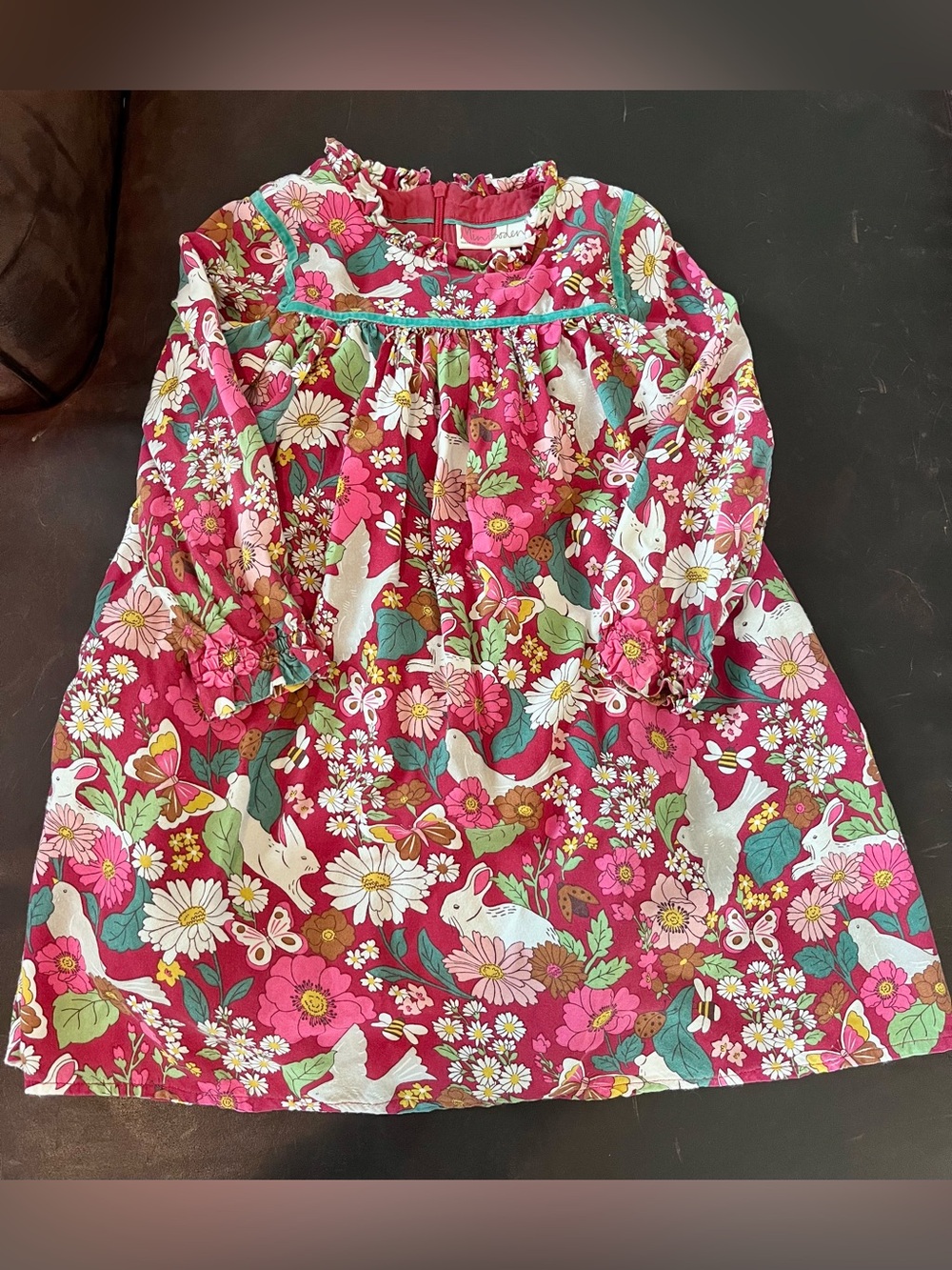 Mini Boden Girls Floral/Bunny/Bird Long-Sleeve Dress - Maroon/Pink/Green